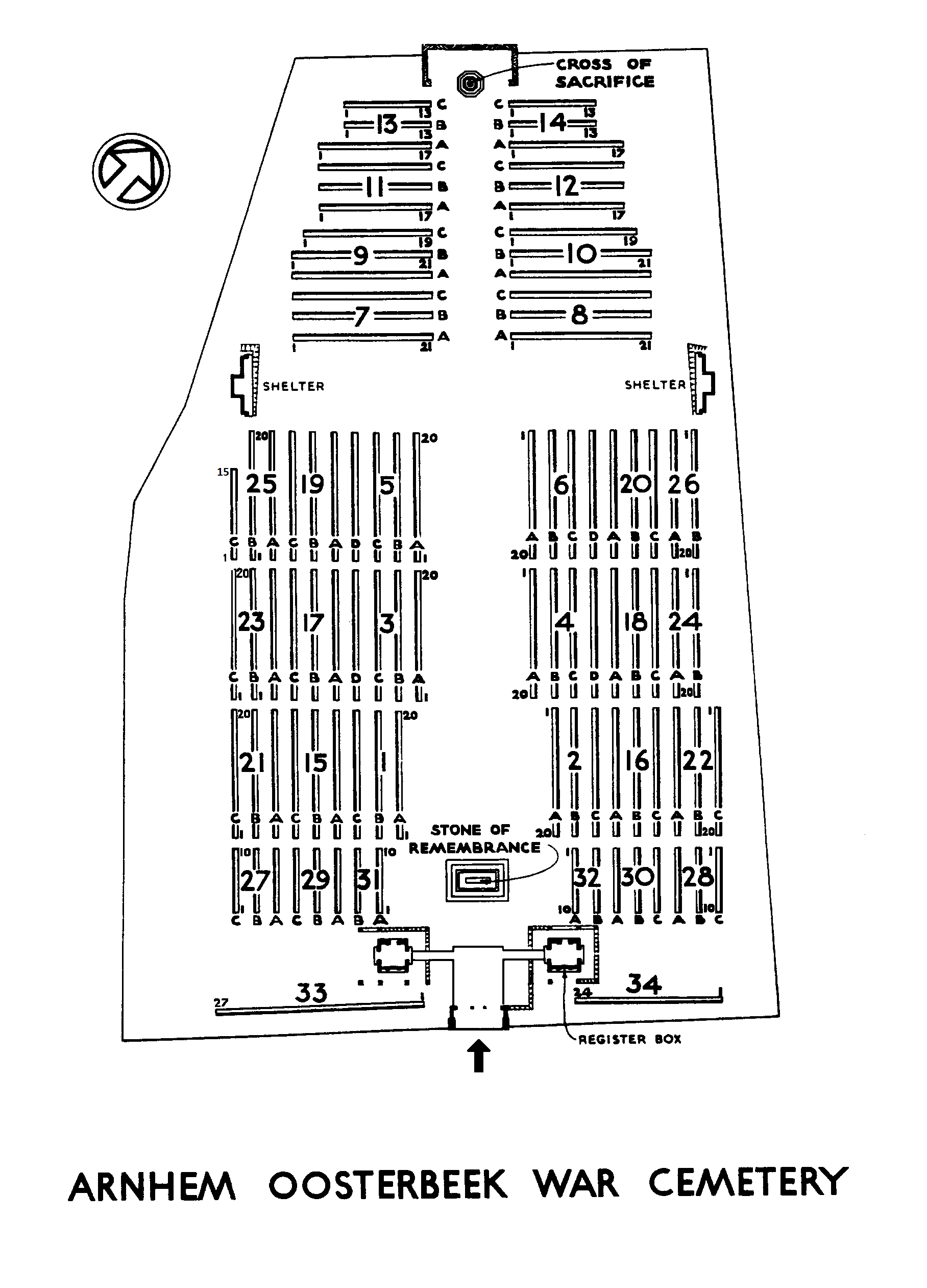 Officiële CWGC-plattegrond met ingang onderaan, vakken 1 tot en met 34 en rijletters. Kies een persoon om het vak te markeren.